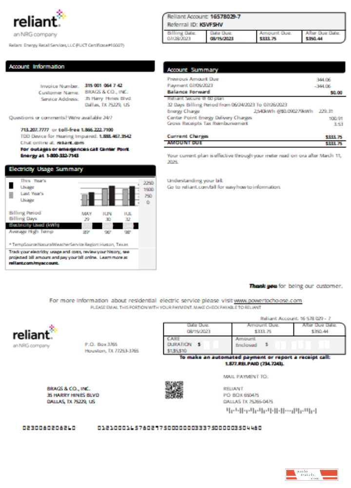 Reliant Energy utility business bill, SCR PSD template